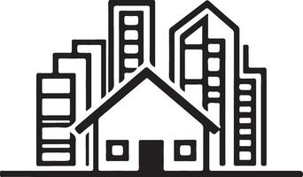 a black and white image of a house and skyscrapers vector
