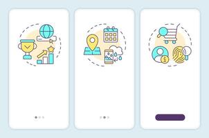 Recommendation strategies onboarding mobile app screen. Walkthrough 3 steps editable graphic instructions with linear concepts. UI, UX, GUI template vector