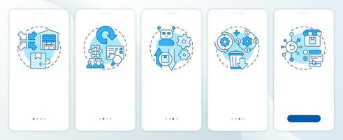 Reverse logistics strategies blue onboarding mobile app screen. Walkthrough 5 steps editable graphic instructions with linear concepts. UI, UX, GUI template vector