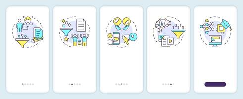 Recommendation system types onboarding mobile app screen. Walkthrough 5 steps editable graphic instructions with linear concepts. UI, UX, GUI template vector