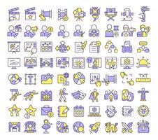 Film production RGB color icons set. Movie making, cinematography. Script writing, storytelling. Isolated illustrations. Simple filled line drawings collection. Editable stroke vector