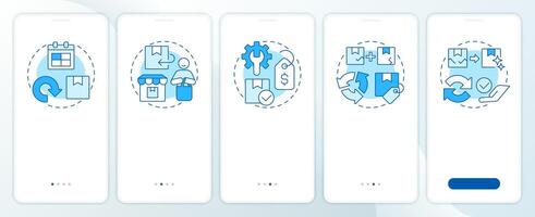 5 Rs of return logistics blue onboarding mobile app screen. Walkthrough 5 steps editable graphic instructions with linear concepts. UI, UX, GUI template vector