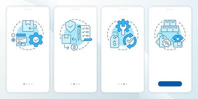Reverse logistics processes blue onboarding mobile app screen. Walkthrough 4 steps editable graphic instructions with linear concepts. UI, UX, GUI template vector