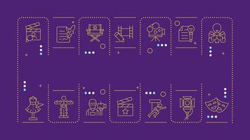 Filmmaking purple word concept. Movie script, screenwriting. Cinematography, television. Horizontal image. Headline text surrounded by editable outline icons vector