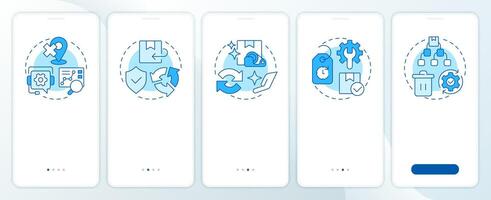 Reverse logistics types blue onboarding mobile app screen. Walkthrough 5 steps editable graphic instructions with linear concepts. UI, UX, GUI template vector