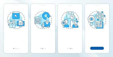 Stages of reverse logistics blue onboarding mobile app screen. Walkthrough 4 steps editable graphic instructions with linear concepts. UI, UX, GUI template vector