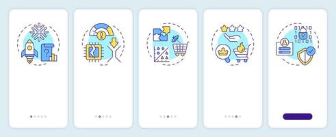 Recommendation system challenges onboarding mobile app screen. Walkthrough 5 steps editable graphic instructions with linear concepts. UI, UX, GUI template vector