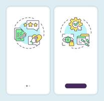 User feedback different types onboarding mobile app screen. Walkthrough 2 steps editable graphic instructions with linear concepts. UI, UX, GUI template vector