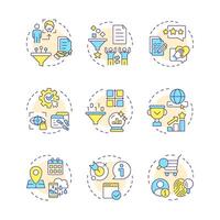 Recommender system multi color concept icons. Artificial intelligence, deep learning. Personalized content. Icon pack. Round shape illustrations for article, blog post. Abstract idea vector