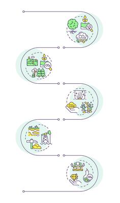 Types of carbon sequestration infographic vertical sequence. Deforestation, pollution. Visualization infochart with 5 steps. Circles workflow