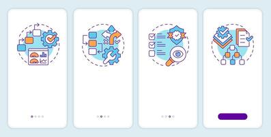 SOP format types onboarding mobile app screen. Walkthrough 4 steps editable graphic instructions with linear concepts. UI, UX, GUI template vector