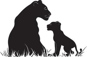 silhouette of a lion and cub in the grass vector
