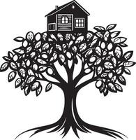 a black and white illustration of a house on a tree vector