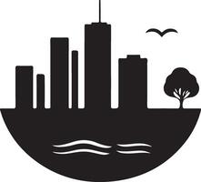 a city skyline with a bird flying over it vector