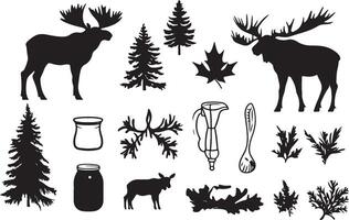 moose silhouette set, including a moose, tree, and other items vector
