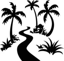 a black and white silhouette of palm trees and a path vector