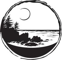 a black and white logo of a beach with trees and the moon vector