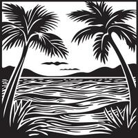 a black and white drawing of palm trees and the ocean vector