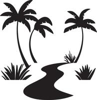 a black and white silhouette of palm trees and a path vector