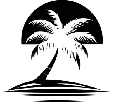 a palm tree on an island with a sun in the background vector