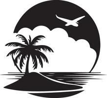 a black and white logo of an island with palm trees and a plane vector