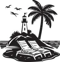 lighthouse and palm trees on the beach with a lighthouse in the background vector