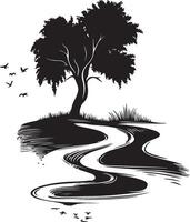 a tree with birds flying over it and water flowing through it vector