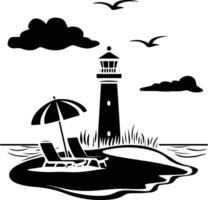 lighthouse and beach chairs with umbrella vector