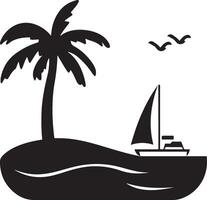 a black and white illustration of a palm tree and sailboat vector