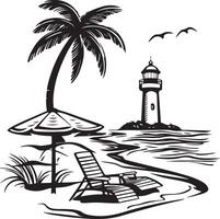 a black and white drawing of a beach scene with a lighthouse and palm trees vector