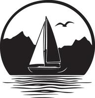 a sailboat in the ocean with mountains in the background vector