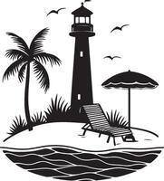 lighthouse on the beach with palm trees and chairs vector