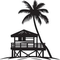 a silhouette of a lifeguard station and palm tree vector