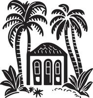 a black and white drawing of a house with palm trees vector