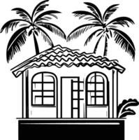 a black and white drawing of a house with palm trees vector