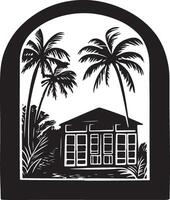 a black and white illustration of a house with palm trees vector