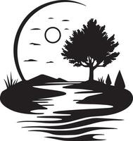 a silhouette of a tree and a river vector
