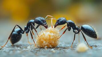 Two black ants working together to move a large grain. photo