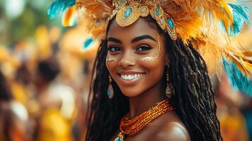 Woman in golden headdress with feathers smiles at camera. photo