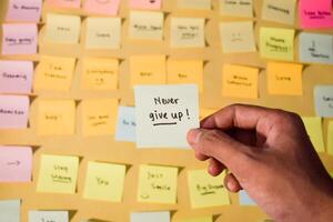 Hand hold sticky notes with words Never Give Up. Motivational words for personal development, inspirational handwriting. Sticky notes background photo