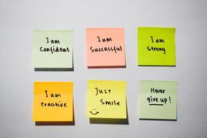 I am confident, I am strong, never give up with smile emoticon on sticky notes. Motivational for personal development, inspirational handwriting. Isolated background photo