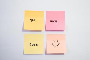 Get well soon on sticky notes. Motivational for personal development, inspirational handwriting. Isolated background photo