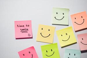 Time to smile and smiley emoticon on sticky notes. Motivational words for personal development, inspirational handwriting. Isolated on background photo