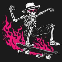 Skateboarder skeleton in hat and sunglasses on fire vector