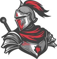 The knight helmet with a red cape and sword vector
