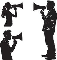 Silhouettes of man and woman shouting with megaphone vector