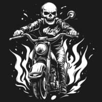 Skull on motorcycle with flames and smoke vector