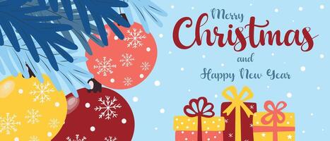 Merry Christmas and Happy New Year greeting web banner. Festive Christmas art design with typography, fir tree branches and baubles. vector
