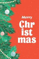 Merry Christmas greeting card, vertical web banner, Christmas background. Holiday design with typography, fir tree branches, toys. vector