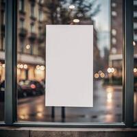 Poster promotion design mockup. Vertical empty white blank paper advertising logo banner frame template mock up displayed on window glass. photo